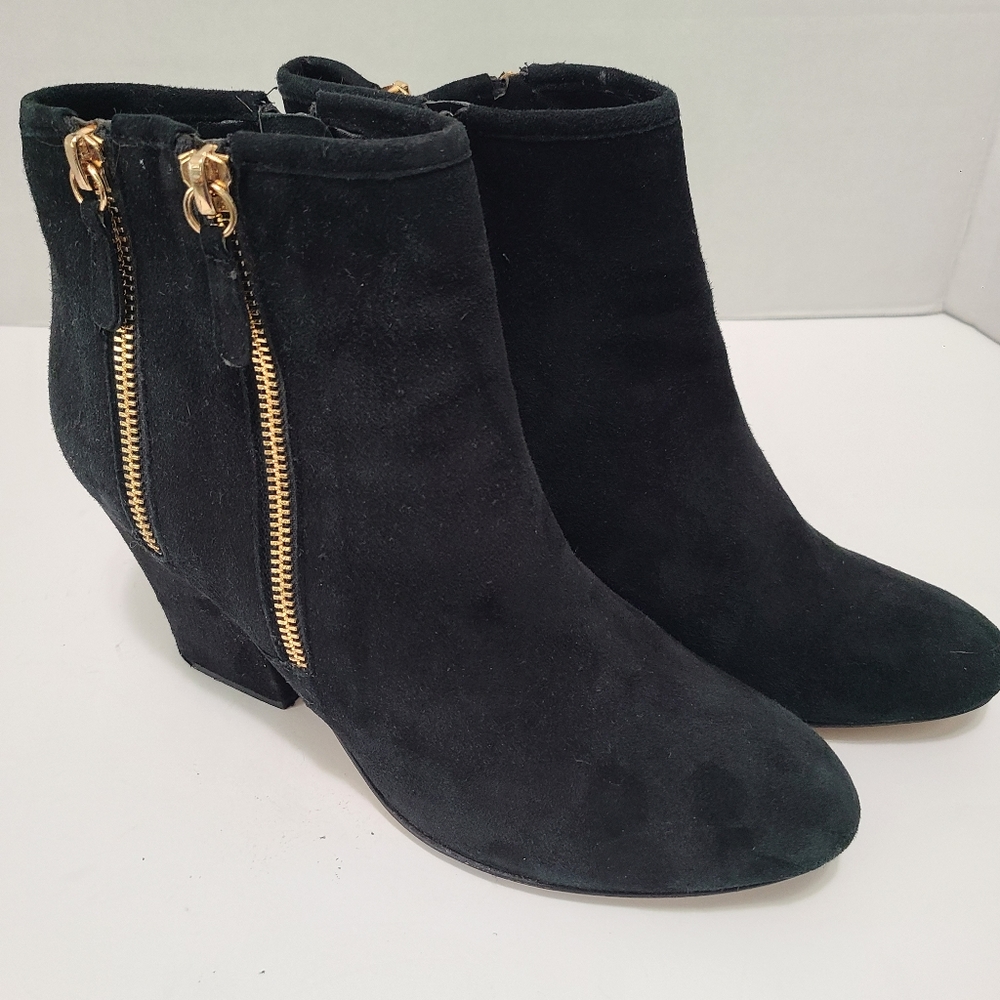 Dune London Noras Black Suede Double Gold Zip Block Heel Ankle Bootie Size 9